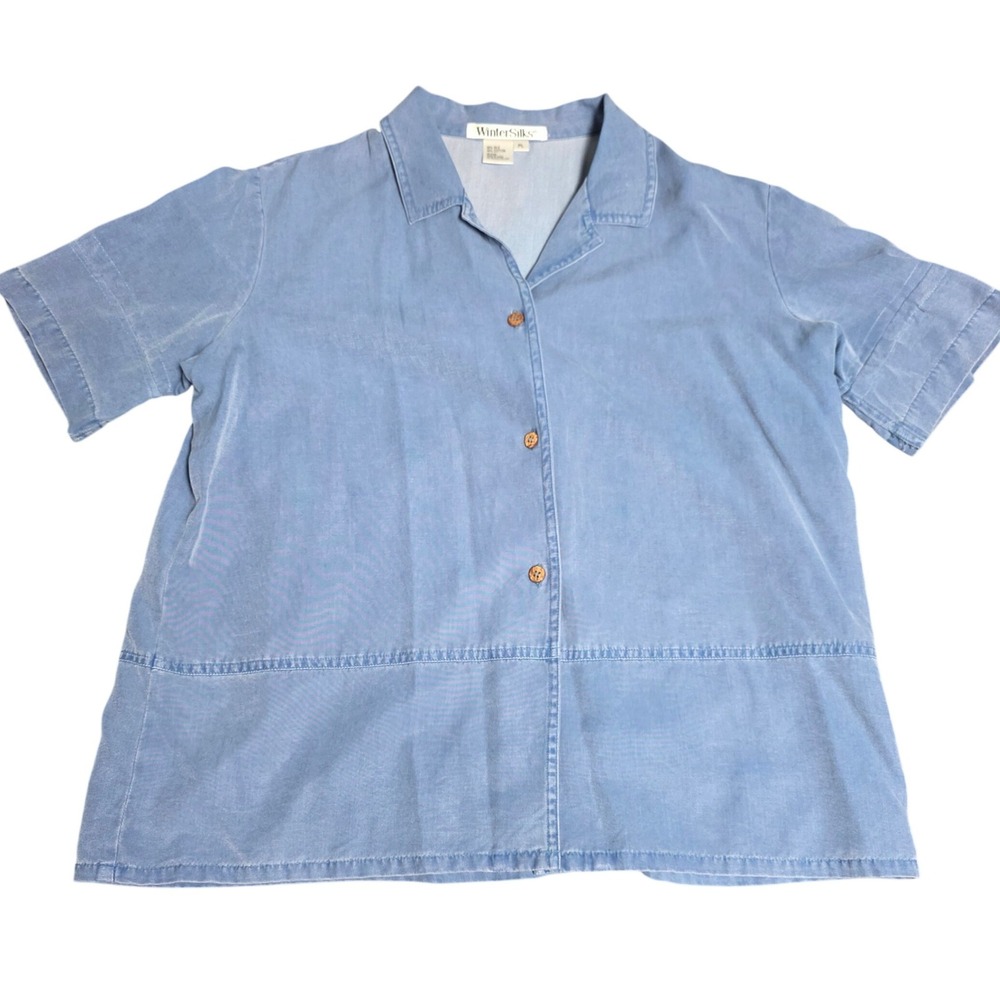 WinterSilks Short Sleeve Button Up Camp Shirt Women's Size PL Blue Silk Cotton